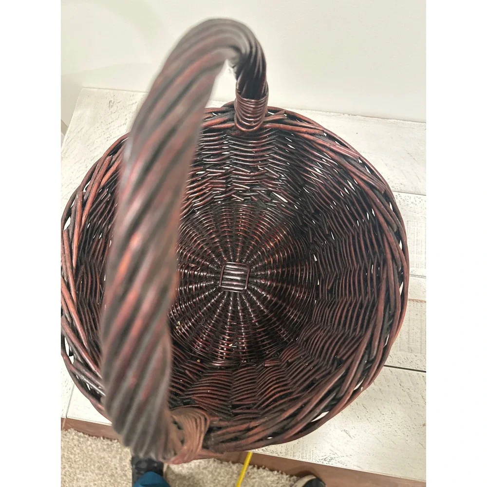 Dark Brown Woven Wicker Basket with Twisted Handle Round Decorative Storage